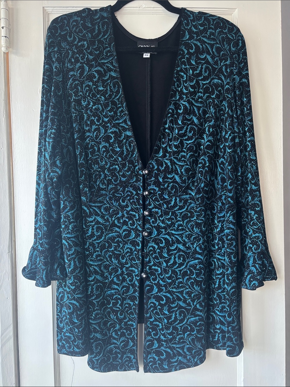 Onyx Nite Black and Teal Velvet Button-Front Blouse